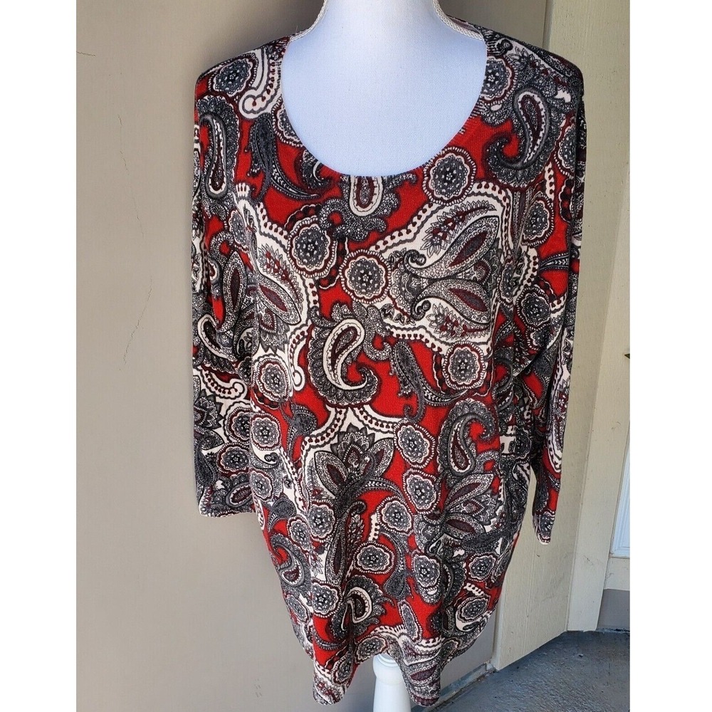 Kim Rogers Signature Cashmalon Sweater Women 3X Red Paisley Knit Tunic Top